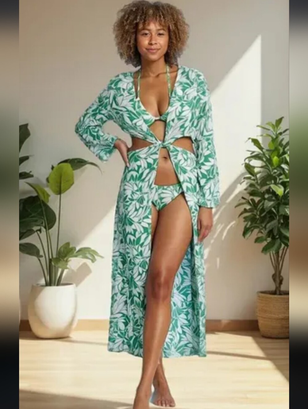 Shade & Shore Green Leaf-Print Dress Swim Cover-Up Sz XL Tie Front, Cut Outs